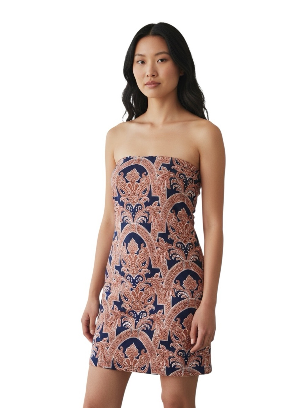 VERONICA M Peach & Blue Paisley Print Strapless Dress Size Extra Small